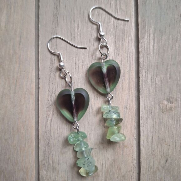 Jewelry - Green Boho Heart Silver Plated Dangle Earrings Glass Crystal Artsy Jewelry Gift